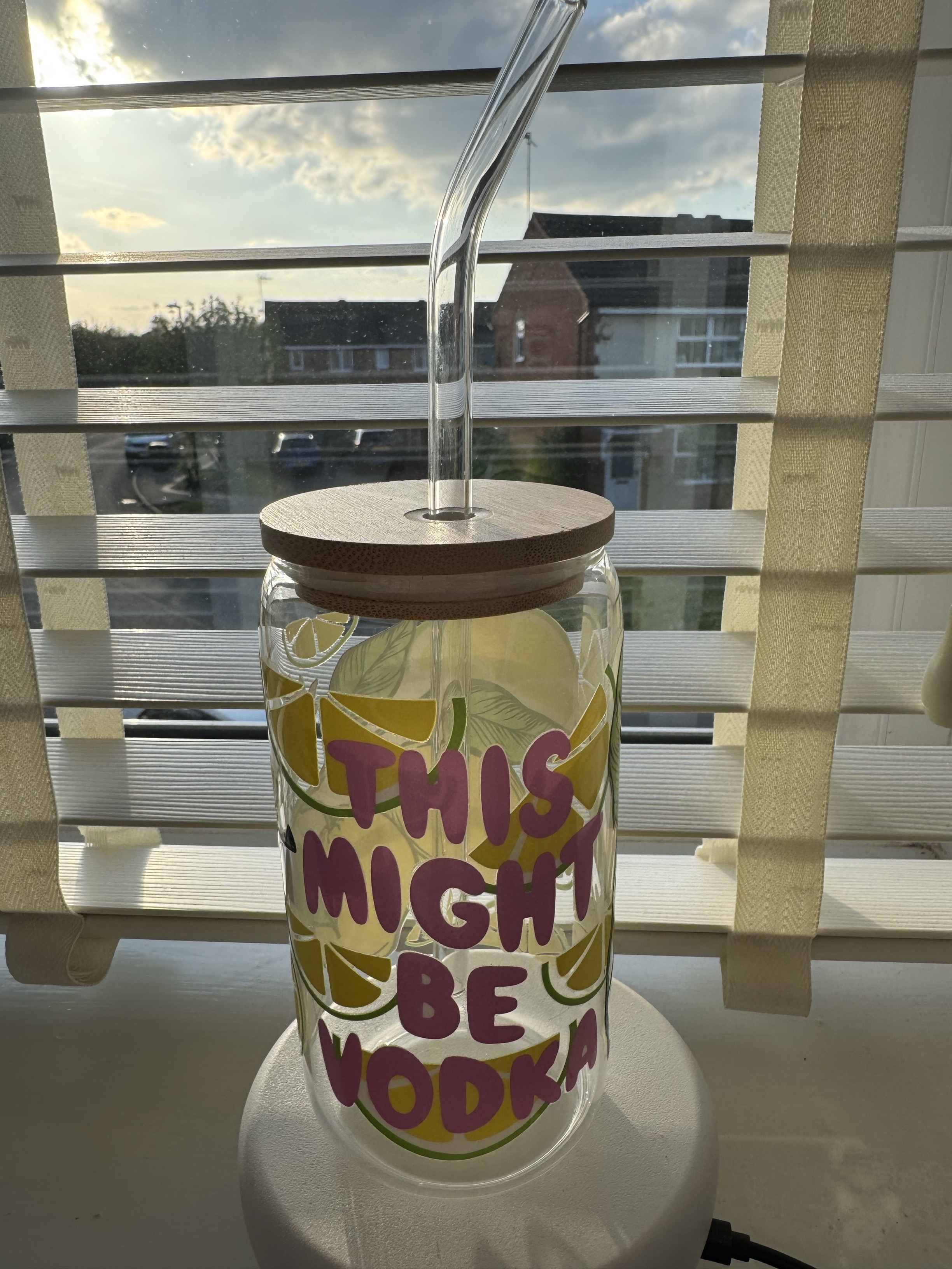 This might be vodka design glass Tumbler. Can be personalised with any text on the lid.